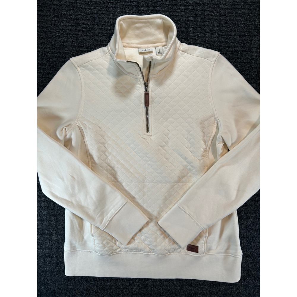 LL Bean Quiet Luxury Womens Cream Quilted Quarter Zip Pullover Sweatshirt Sz S